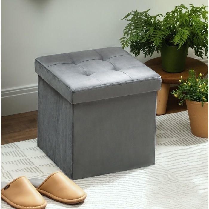 WOVREO Pouf coffre pliable 38 x 38 x 38 cm rangement 376 L polyester gris