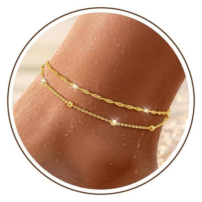 Bracelets Cheville Pour Femme Argent 925 Or Plaqués Imperméables Superposables Chaîne Tordue Perles Pendentif Réglable Brace[CA53]