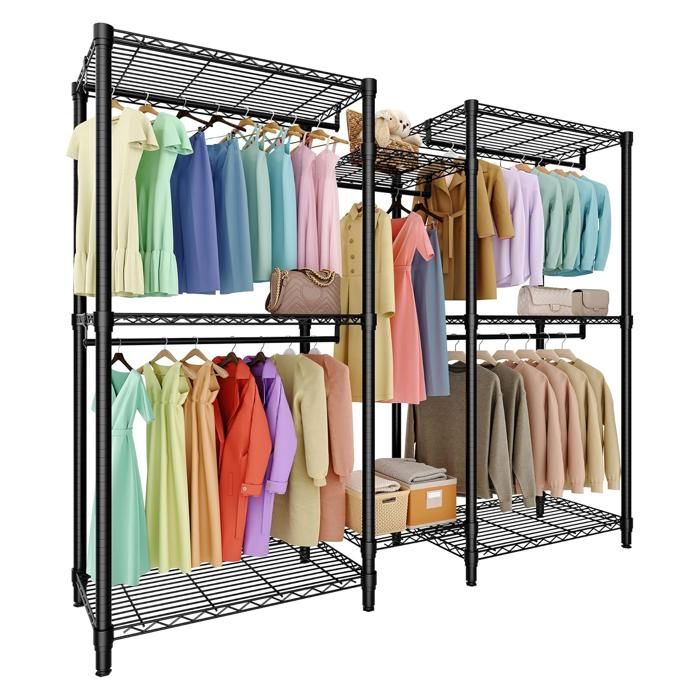 Portant à vêtements robuste 1870 lbs Étagères réglables 3 niveaux + Barre de suspension renforcée 195*45*195 cm Noir