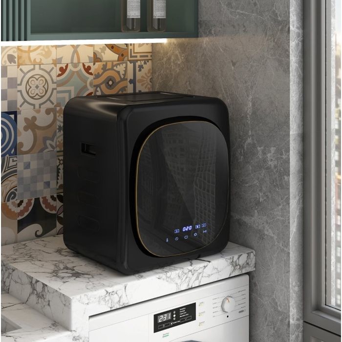 Mini seche-linge a evacuation 4 kg 800 W noir 6 programmes ecran tactile LED pose libre ou murale
