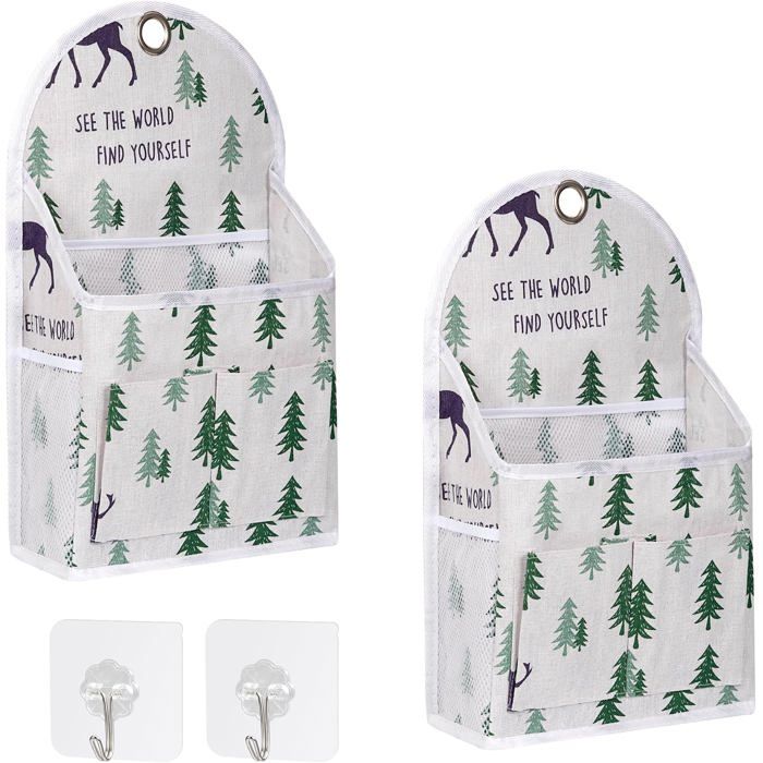 Sac de rangement mural suspendu pliable en lin imperméable avec poche organiseuse et crochets transparents. Modèle - Cerf de Cèdre