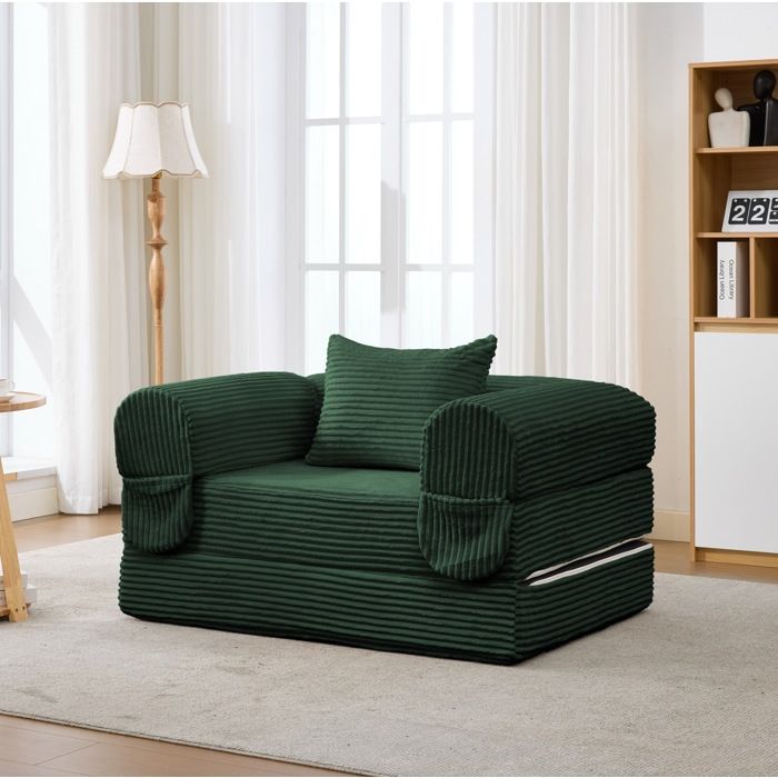 ROVRYN fauteuil convertible 2 en 1 1 place vert en velours cotele avec coussin chauffeuse lit simple gain de place
