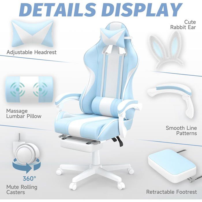 Taktack Chaise Gaming Kawaii avec Oreilles de Lapin Repose-Pieds Coussin Lombaire Massant Dossier 90°–135° Bleu clair