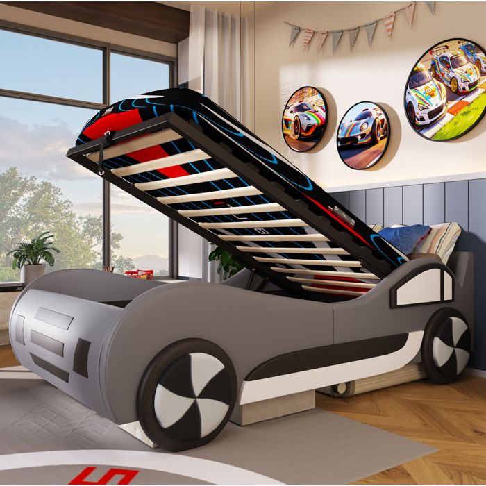 Lit Enfant Voiture Gris 90x200cm Lit Auto Avec Sommier FloraGrace Pour Chambre Enfant Rangement Hydraulique 214x102x70 5cm