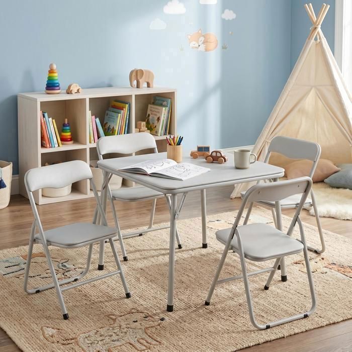 Set Table et Chaises Enfant Pliable – 5 Pièces avec Coussin Rembourré – Beige – Parfait pour Salle de Jeux Chambre et Nursery