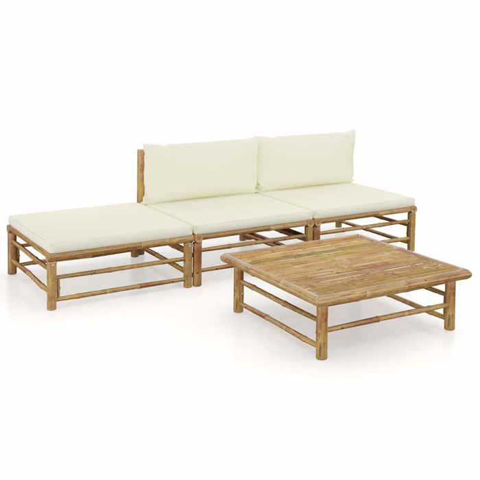 SALE 2026 meuble dextérieur arrière-cour terrasse Blanc - Salon de jardin 4 pcs avec coussins blanc crème bambou 2634767898328
