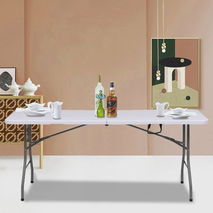 Table pliante 180 cm de long plateau HDPE blanc sur piètement gris hauteur 74 cm 158 kg admis se replie en mallette Table pliante 180 cm de long plateau HDPE blanc sur piètement gris hauteur 74 cm 158 kg admis se replie en mallette