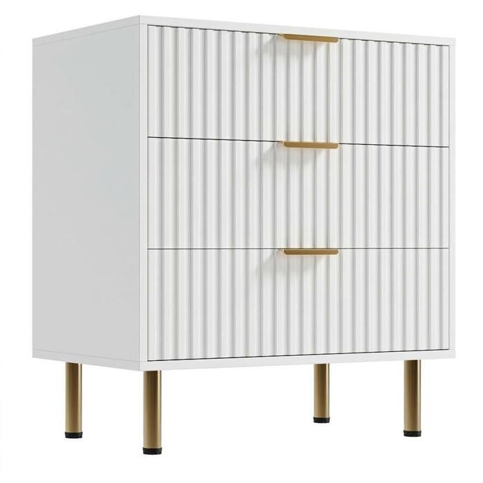 Koioplie Commode 3 tiroirs à façade cannelée design moderne meuble rangement MDF avec pieds dorés pour chambre Blanc