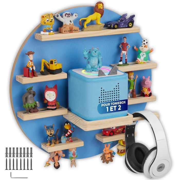 Étagère murale - TECTAKE - Rayonnage mural MYLITTLESTORY MOON pour 28 figurines Magnétique Adaptée aux Toniebox 1 et 2 - Bleu