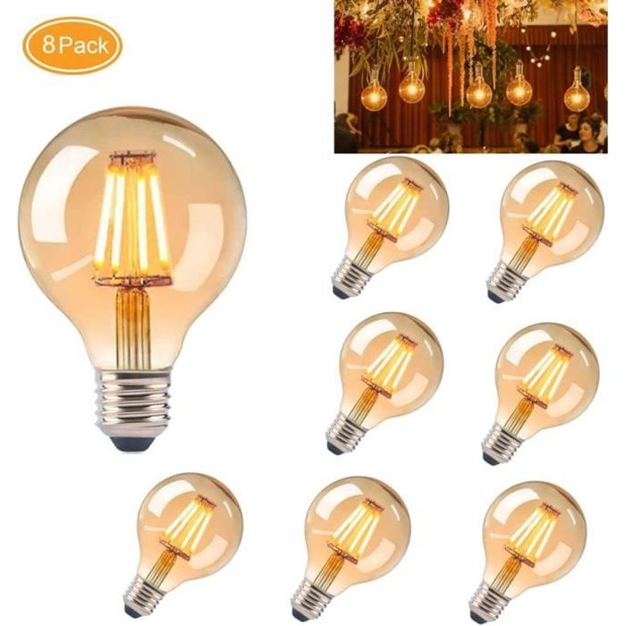 Lot de 8 Ampoule à Filament LED E27 G80 4W Lampe Rétro Edison en Verre Brun 2700K Blanc Chaud Non-Dimmable