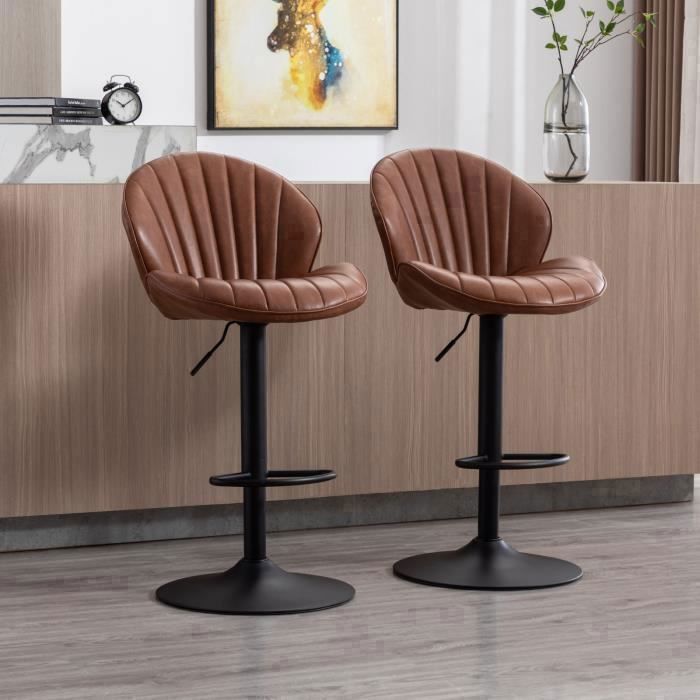 Wahson Tabouret Bar Lot de 2 Tabouret Bar Réglable Chaise Bar Haute avec Pieds en Métal pour Cuisine et Comptoir Cuir PU Marron