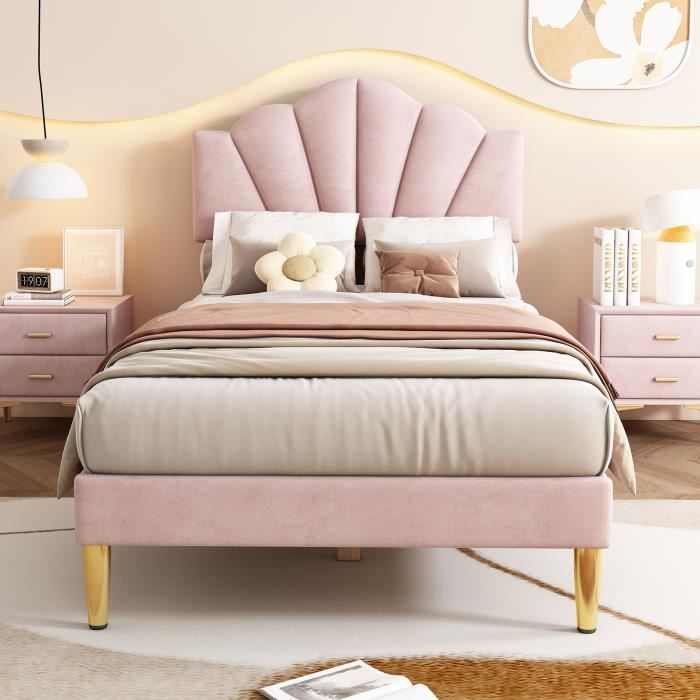 lit capitonné en velours, 90*200 cm, forme coquille avec pieds en fer doré, tête de lit réglable, sommier à lattes en bois, rose