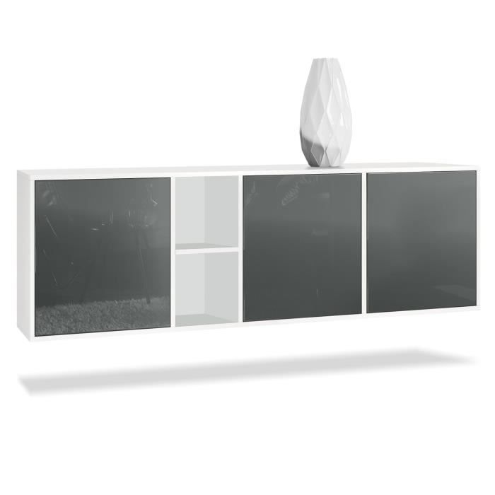 Vladon Buffet Armoire Denjo Corps en Blanc Mat//Façades en Blanc Haute Brillance et Aspect Béton Oxyde