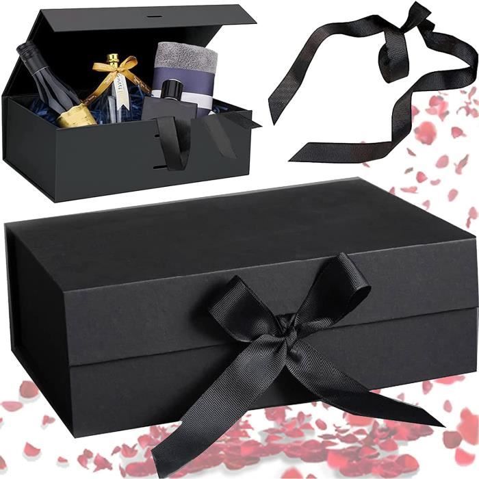 Boîte Cadeau Noire Avec Couvercle Magnétique - Dimensions 22x16.5x8.8 Cm - Carton Pliable Et Réutilisable - Pour Anniversaire, Mariage, Noël