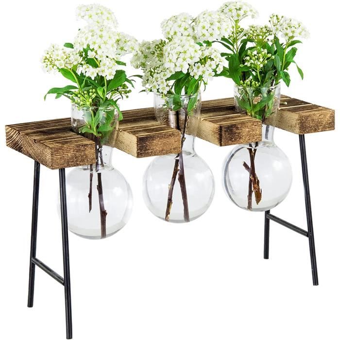 Pot de fleurs en verre - Kit de terrarium avec support rétro en bois massif - Station de propagation pour plantes aquatiques d'intérieur, jardin, bureau - Accessoires de décoration