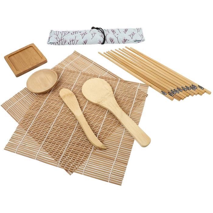 HOONOUIT Kit de préparation de Sushi avec 2 Morceaux de Tapis de Sushi en Bambou 5 Paires de Baguettes de Bambou avec Un Sac à tartiner à Riz et 5 fourchettes de Bambou 