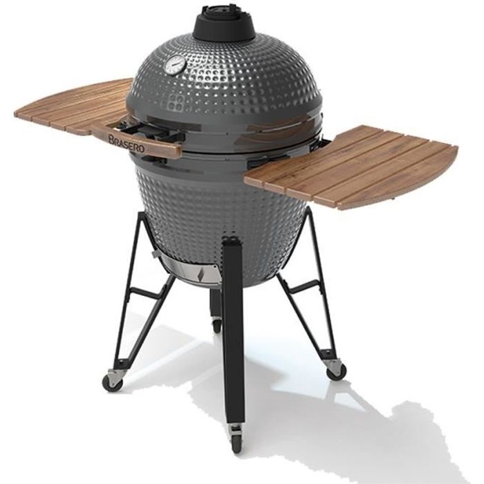 Barbecue au charbon de bois KAMADO - Brasero - En céramique, Haute résistance à la chaleur - Avec Thermomètre, chariot Gris