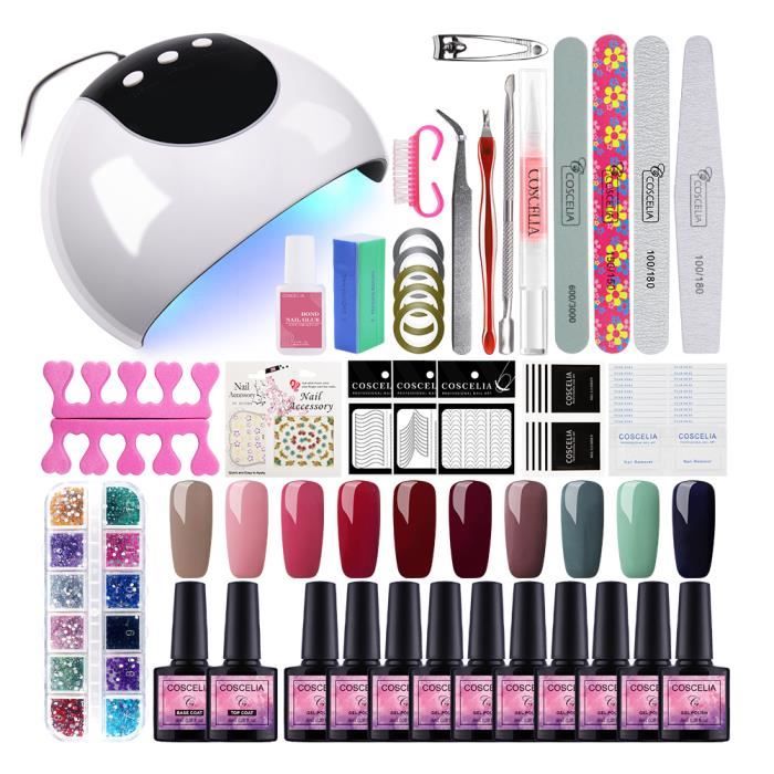 Coscelia Kit 10pcs Vernis Semi Permanent 24w Lampe Uvled Machine Séchoir à Ongle Base Coat Top Coat Outil Decor Manucure Nail Art