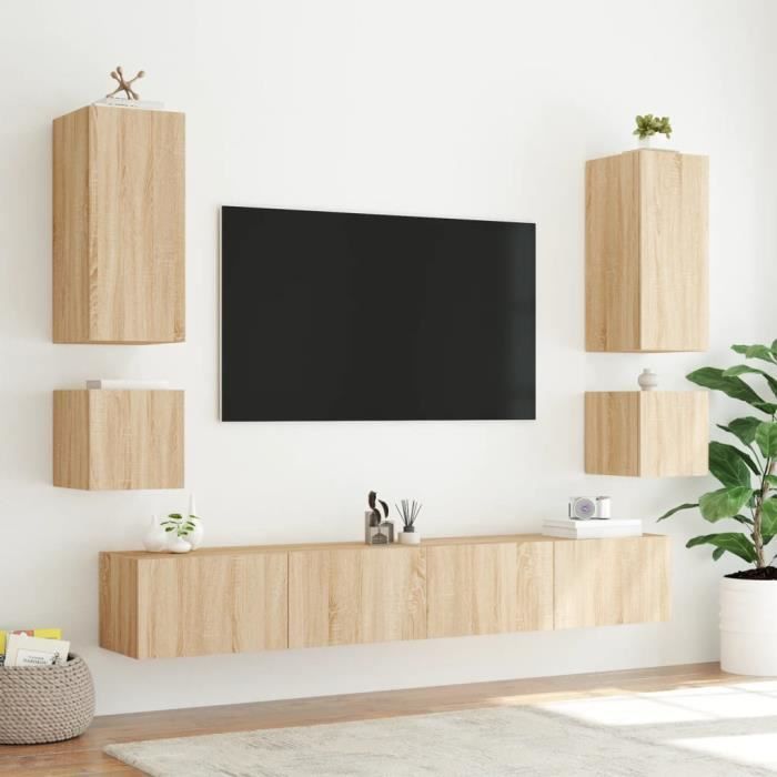 Meuble TV mural - ESTINK - 100x35x31 cm - Chêne sonoma - Lumières LED RVB - 2 portes