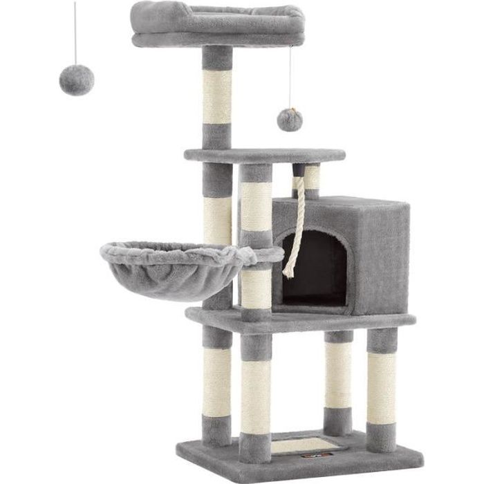 Meilleurs prix pour Arbre à Chat Hauteur 110 cm, avec Base et 9 Poteaux à Griffer, 1 Plateforme, 1 Niche, 1 Hamac, 1 Pompon, 1 Corde, Gris Clair