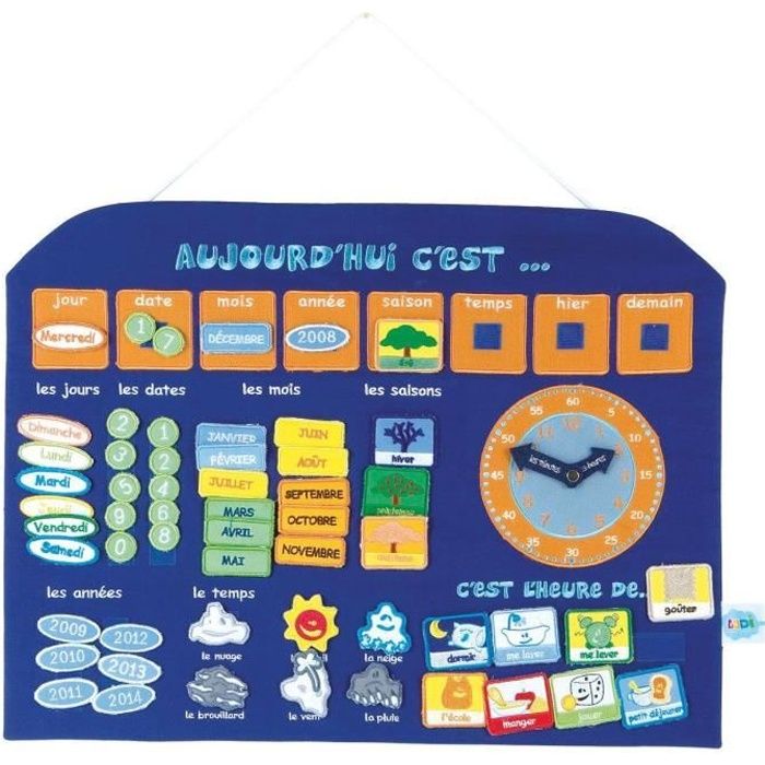 JEU D'APPRENTISSAGE LUDI Panneau Calendrier Horloge Bleu