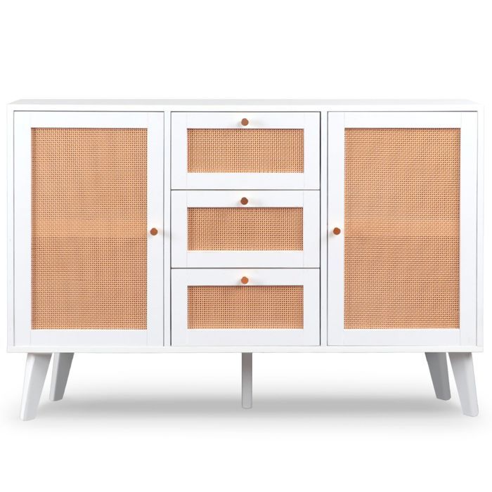 MENZZO Buffet 3 tiroirs et 2 portes avec cannage Dalgora L120cm Blanc