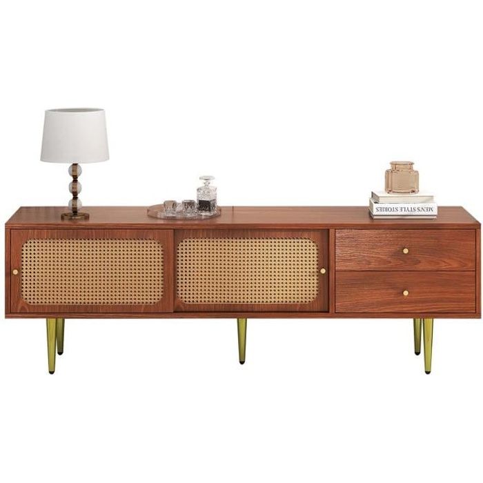 Meuble TV 160cm rangement pour salon avec 2 portes coulissantes en rotin et 2 tiroirs utilitaires pieds en bois massif marron