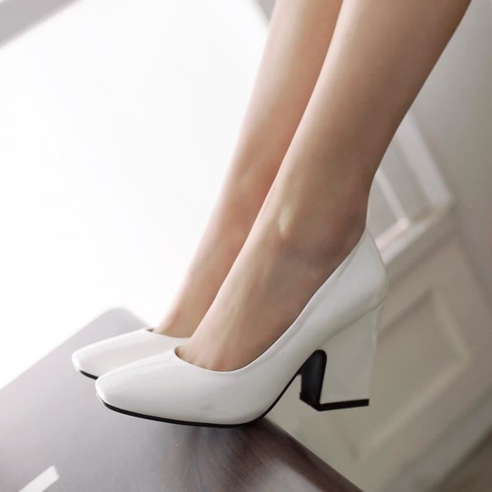Nouveaux Blanc Tete Carree Epais Talons Hauts Chaussures De Soiree