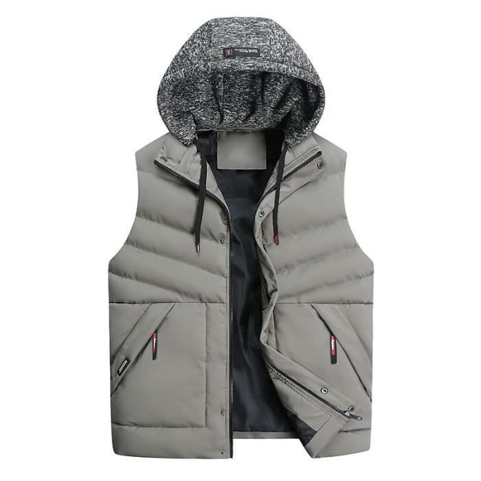Doudoune Homme sans Manche A Capuche Grande Taille Casual Gris