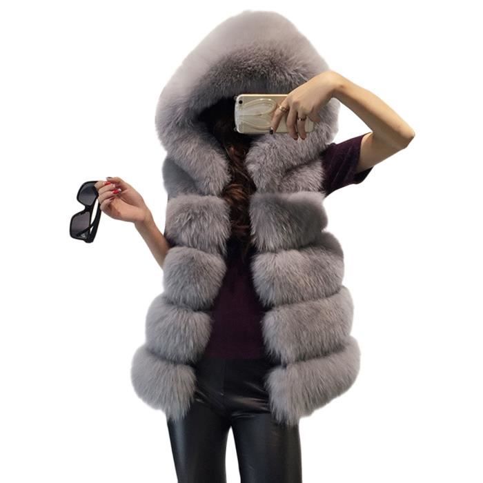 Manteau YOUCAI Femme Chaud Fausse Fourrure Sans Manche a Capuche Taille unique Gris fonce Gris fonce Cdiscount Pret a Porter