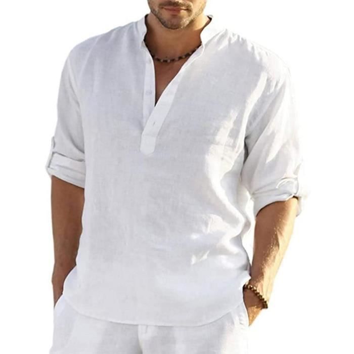Été Chemise Homme Chemise en Lin V Neck Shirt Décontractée