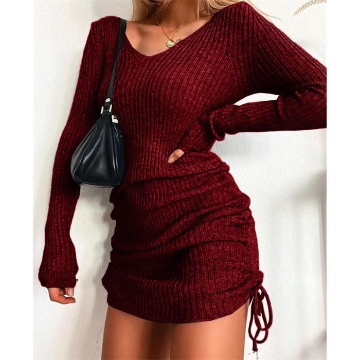 Robe Tricotée Femme Manches Longues - Col V, Tunique Décontractée, Fente, Polyester