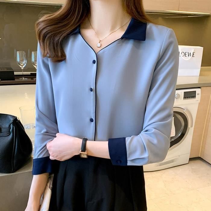 Chemise Chemise basique en mousseline de soie pour femme manches longues chemisier a revers 3xl printemps automne Bleu E20845 Blanc Cdiscount Pret a Porter