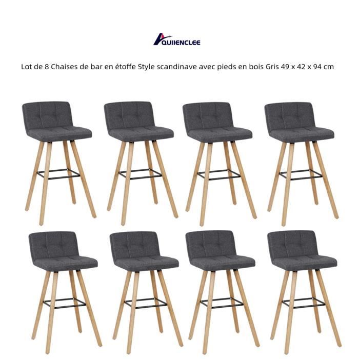 quiienclee lot de 8 chaises de bar en étoffe style scandinave avec pieds en bois gris 49 x 42 x 94 cm