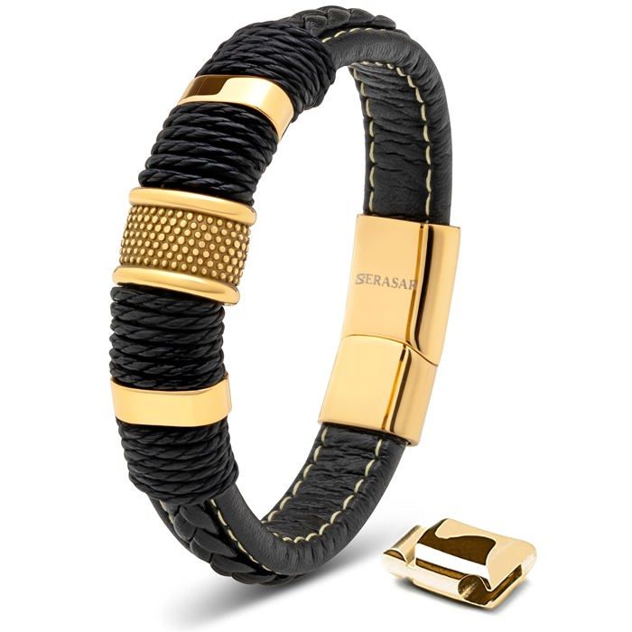 Bracelet Homme en Cuir SERASAR B029-17 Or Bijoux élégants et à la mode cadeau danniversaire parfait pour père ou frère.