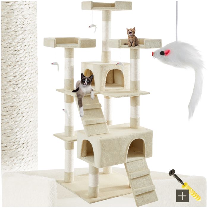 Meilleurs prix pour TECTAKE Arbre à chat 170 cm BARNEY Griffoir Grattoir Tronc + 4 Souris jouets + 2 Cabanes - Beige