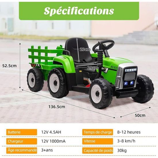 Tracteur Électrique Voiture Enfant avec Remorque 12 V avec télécommande