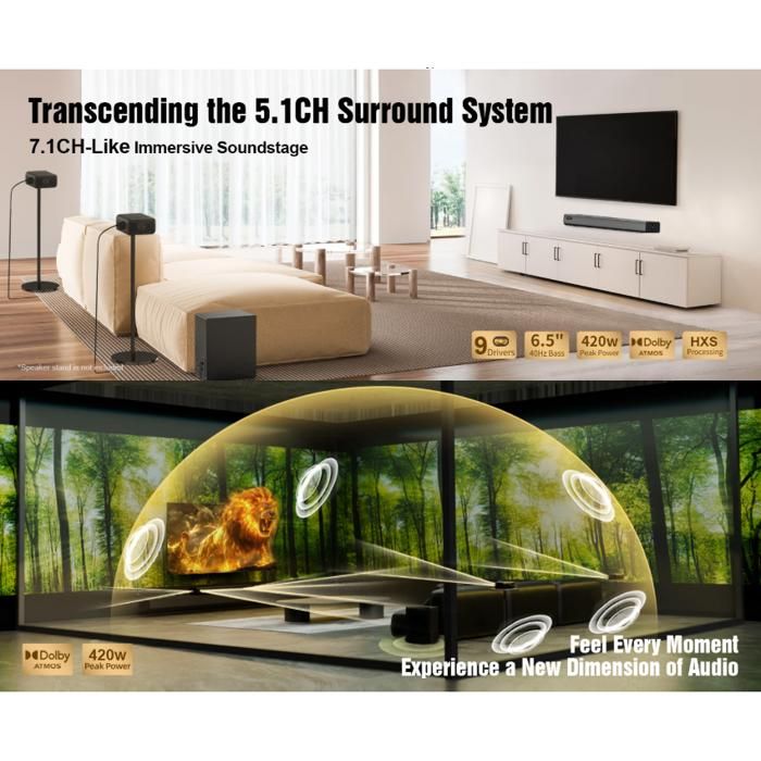 Hiwill 5.2.2 Dolby Atmos Barre de Son TV en Bois, 400W Tout-en-Un Home Cinema Enceintes pour Téléviseur avec Double Caisson de Basses Intégré, 2 Hiwill 5.2.2 Dolby Atmos Barre de Son TV en Bois, 400W Tout-en-Un Home Cinema Enceintes pour Téléviseur avec Double Caisson de Basses Intégré, 2