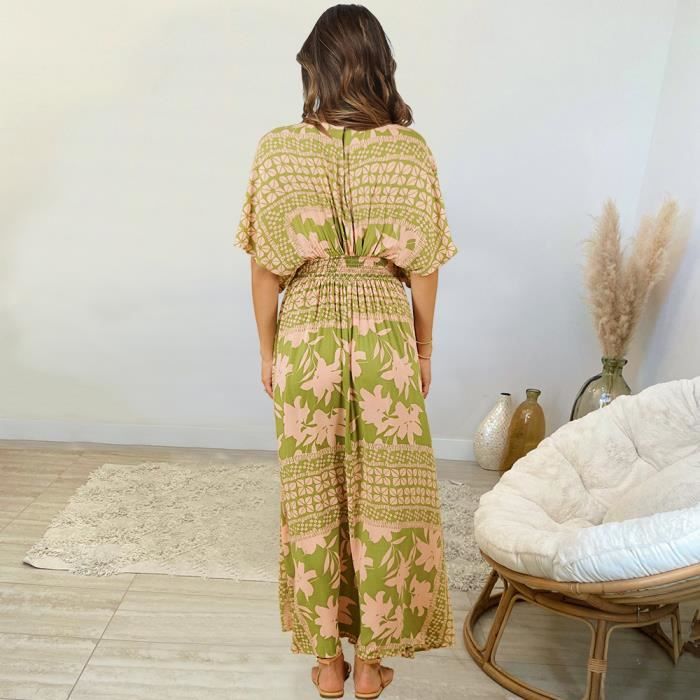 Vetements d ete pour femmes manches chauve souris imprime plage printemps robe a col en V Vert Vert Cdiscount Pret a Porter