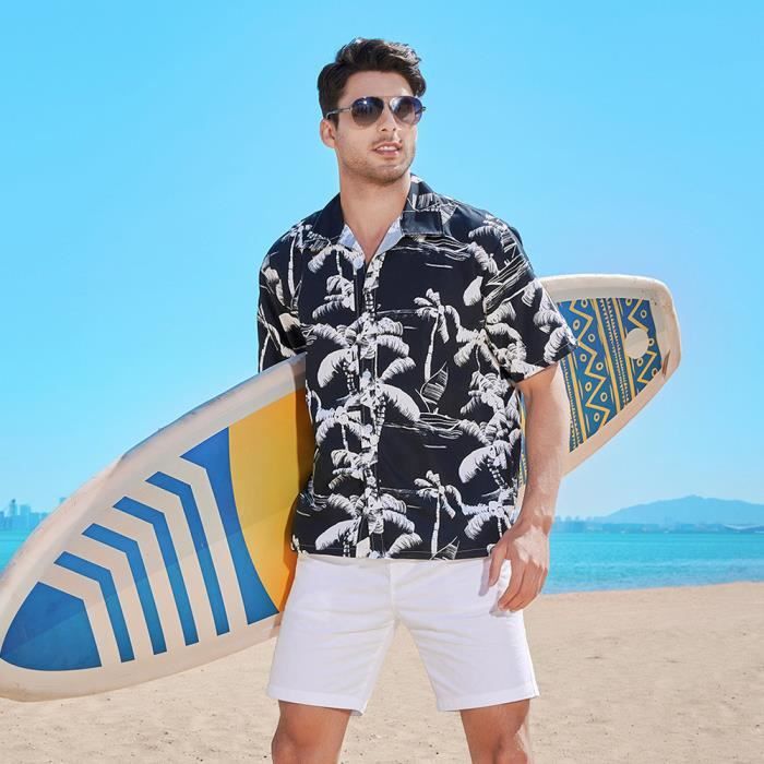 Chemise Homme Ete Hawaienne AIEVIS Imprime Cocotier Noir Col Revers Manches Courtes Loose Noir Cdiscount Pret a Porter