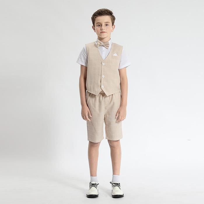 Costume de Mariage pour Enfant Garcons Ensemble 3 Pcs avec a Carreaux Kaki Clair Gilet Chemise a Manches Courtes Short 3 8 Kaki clair Cdiscount Pret a Porter