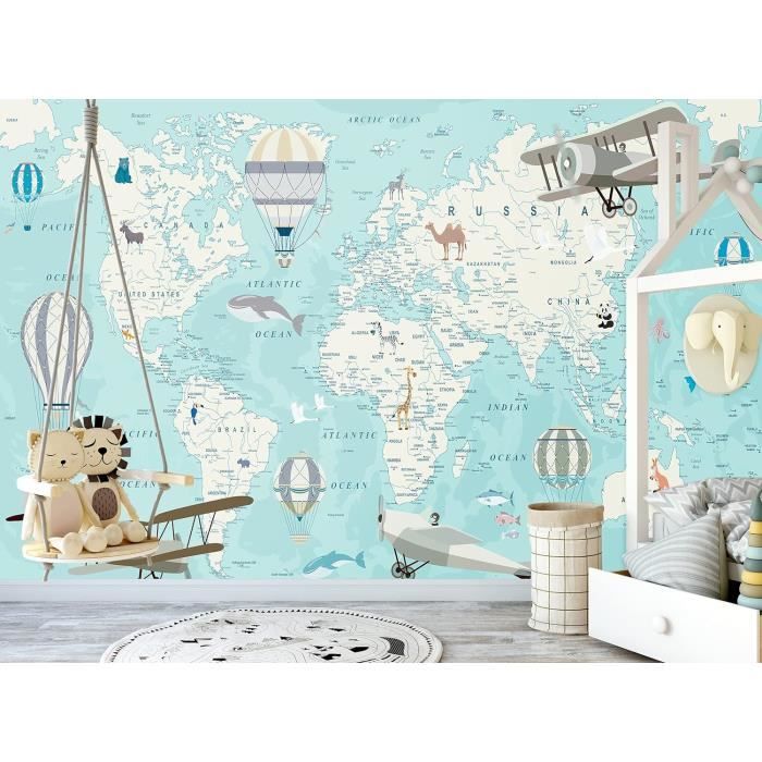 Carte du monde avec animaux - Papier peint mural pour enfants - Planes ...