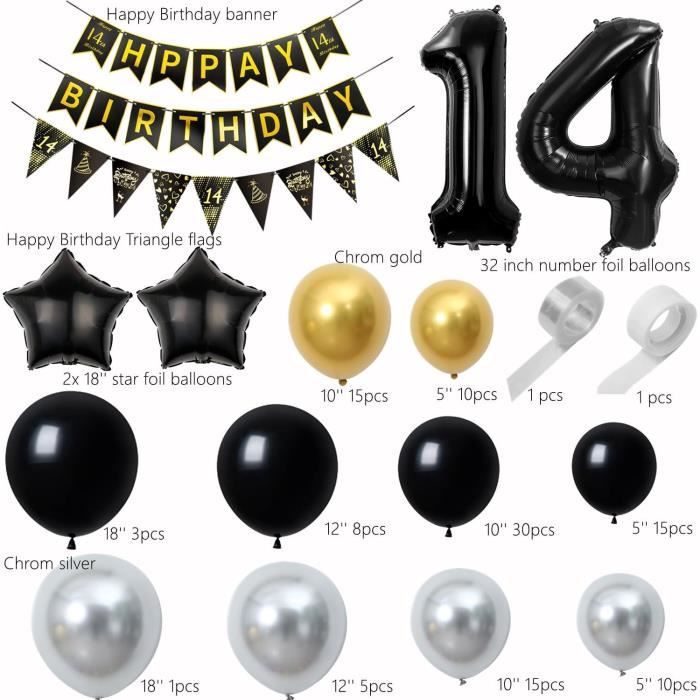 14 Ans Anniversaire Décoration Noir Or 14 Ans Anniversaire Fille Argent Ballon 14 Ans