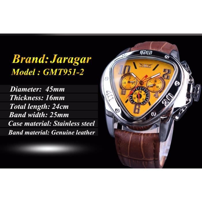 Jaragar Sport Fashion Design Geometric Triangle Case Marron Bracelet en cuir 3 Dial Men Watch Top Marque Luxury Automatic Watch Cloc Cdiscount Bijouterie