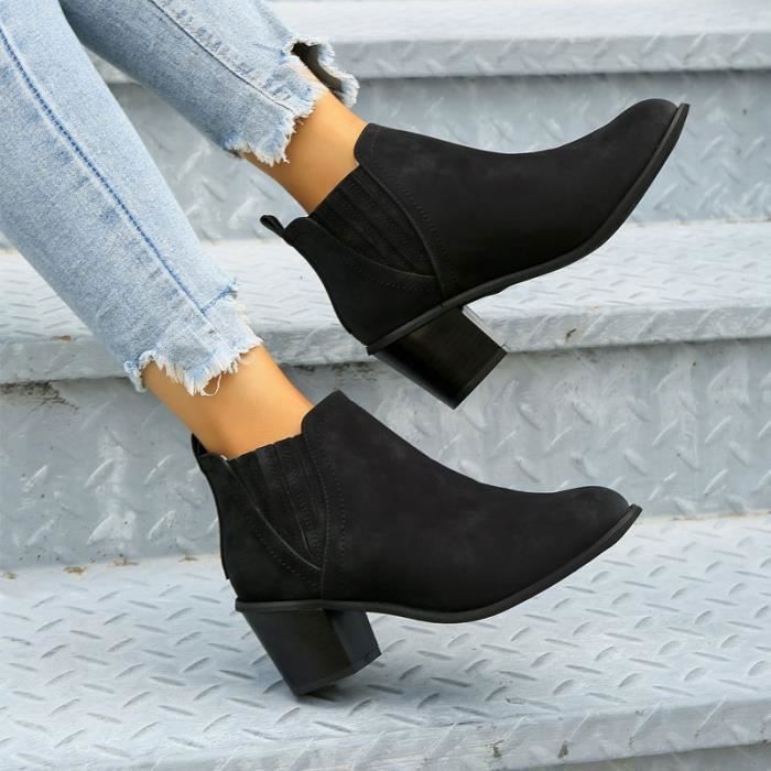 Bottine Femme Similicuir Boots Femme Mode Talon Carre Bottes Femme Bout Rond Noir