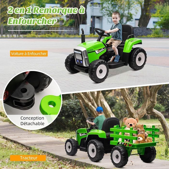 Tracteur électrique Enfant Avec Remorque Amovible – Double Moteur 35W, 12V, Télécommande, 3 Vitesses, Bluetooth, Phares LED – Vert – Pour 30 Kg Max