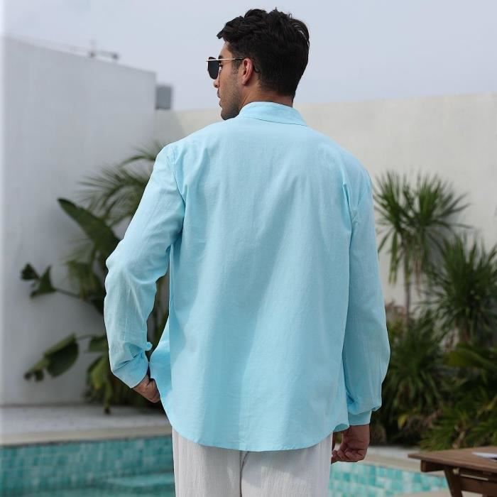 Chemises Casual Homme Chemise Col Mao Homme Cotten Lin Chemise Ete Homme Bouton Chemise Homme Manches Longues Poids LGer Chemise Bleu Cdiscount Pret a Porter