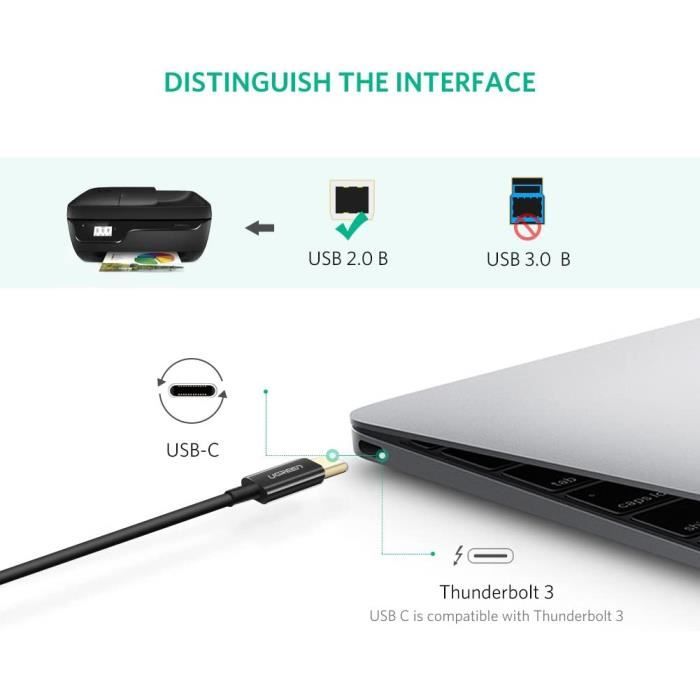 Câble Type-C / Type-B Imprimante UGREEN - 1M : Connectivité fiable et  rapide pour une impression sans faille
