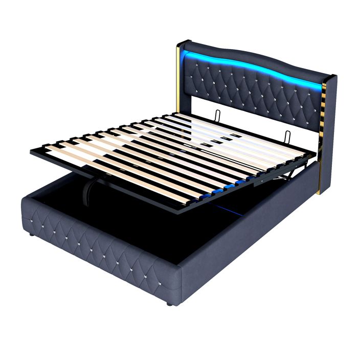 Lit Capitonné 160x200 Cm Avec Tête De Lit Rallongée, Rangement Hydraulique, Ports USB Et Lampes - Tissu PU Noir, Matelas Non Inclus
