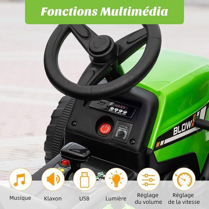 FINOOS Tracteur électrique 12 V avec pelle et remorque amovible, véhicule électrique pour enfant, tracteur autoportant, avec lumière LED, musique et klaxon, télécommande 2,4 G, 2 à 5 km/h, vert FINOOS Tracteur électrique 12 V avec pelle et remorque amovible, véhicule électrique pour enfant, tracteur autoportant, avec lumière LED, musique et klaxon, télécommande 2,4 G, 2 à 5 km/h, vert